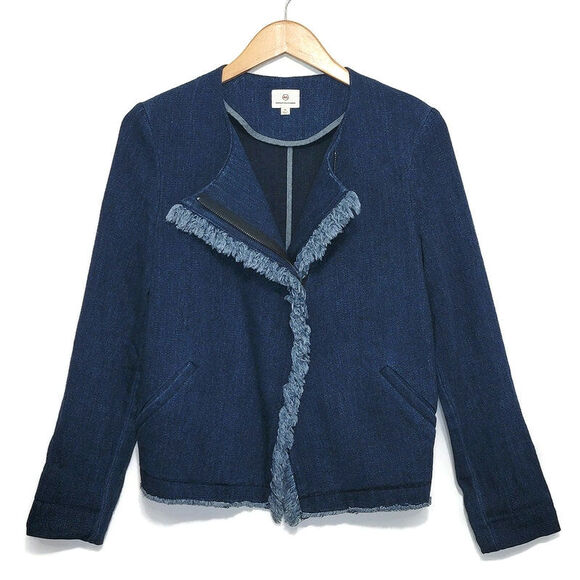 AG Adriano Goldschmied Blue Denim Zip Front Jacket Frayed Trim Casual Chic M - Picture 2 of 16